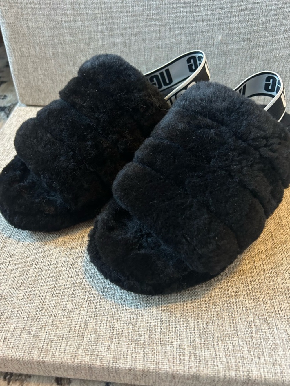 UGG Black Fuzz Slide Slippers with Branded Heel Strap